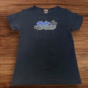 Harley Davidson Graphic Tee Rhinestone‎ Embellished Top Black Large